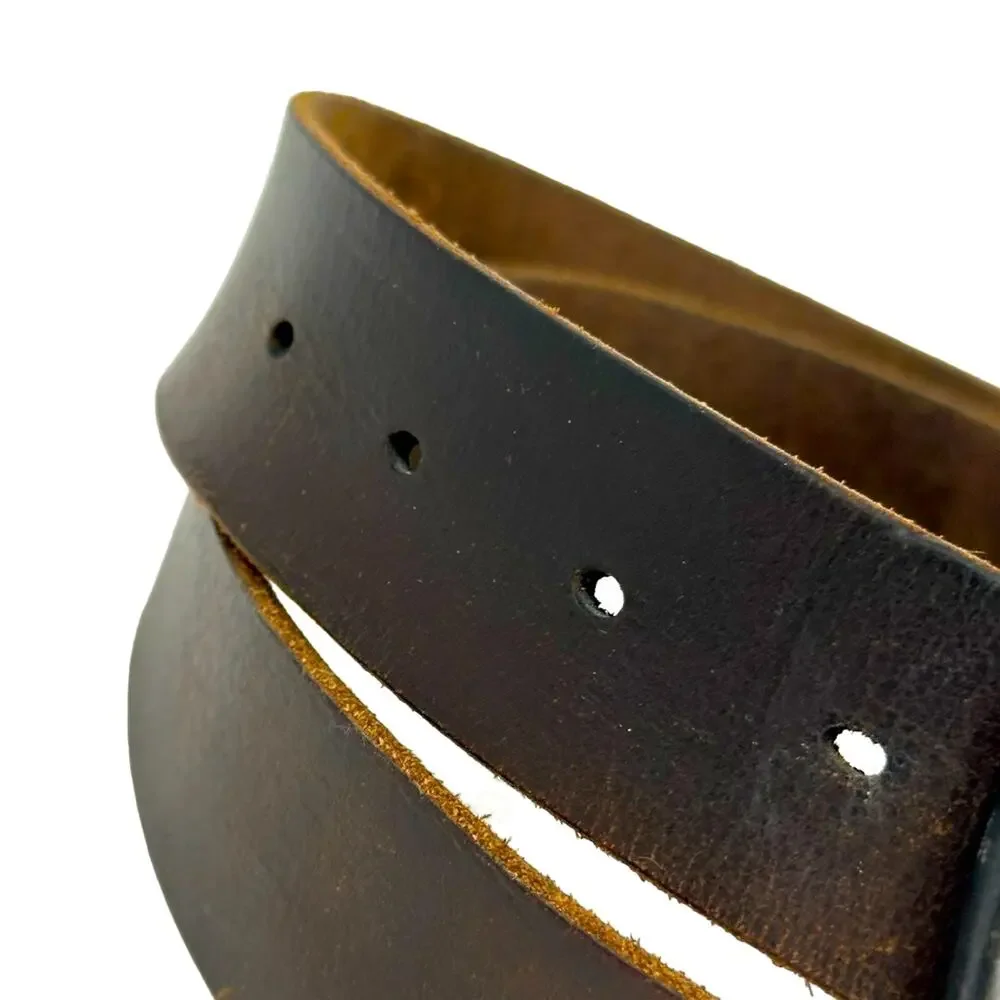 Vintage Oiled Leather Black Buckle Saddle Leather Belt - OILED BROWN
